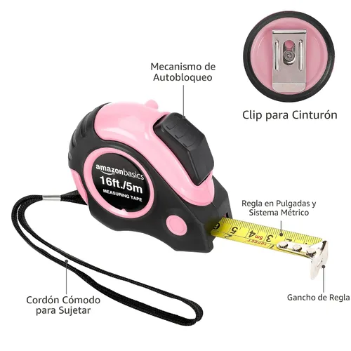 Miniatura 5 de Amazon Basics Cinta métrica retráctil con botón de presión, fácil de usar, 16 pies, rosa