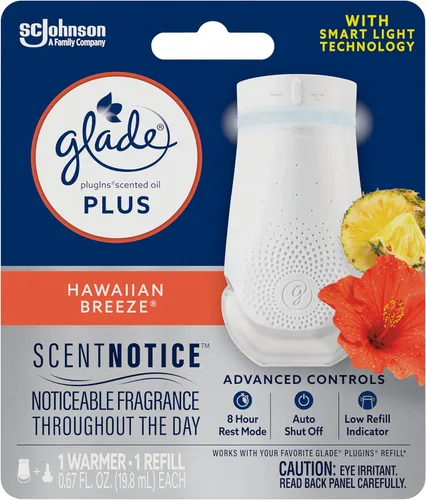 Glade PlugIn Plus Kit de Iniciación de Ambientador, Aceite Perfumado para el Hogar y el Baño, Brisa Hawaiana, 0.67 Fl Oz, 1 Calentador + 1 Repuesto
