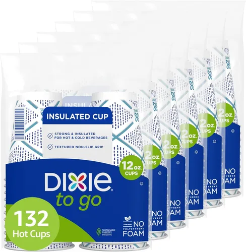 Dixie To Go - Tazas de café de papel, 12 onzas, 132 unidades (6 paquetes de 22 tazas), vasos de papel aislantes desechables para bebidas calientes o