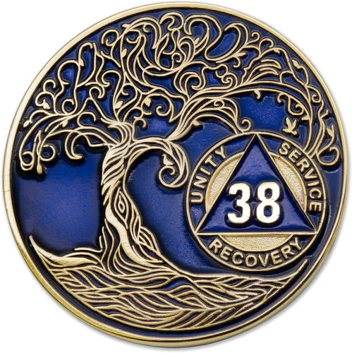 Miniatura 56 de 20 Year Sobriety Mint Twisted Tree of Life - Medallón de recuperación AA chapado en oro, fichas y fichas, color negro
