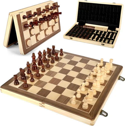 Miniatura 9 de LEAP Juego de ajedrez magnético de madera de 15.5 pulgadas, tablero de ajedrez plegable de 3 pulgadas, piezas de ajedrez de altura King de 3