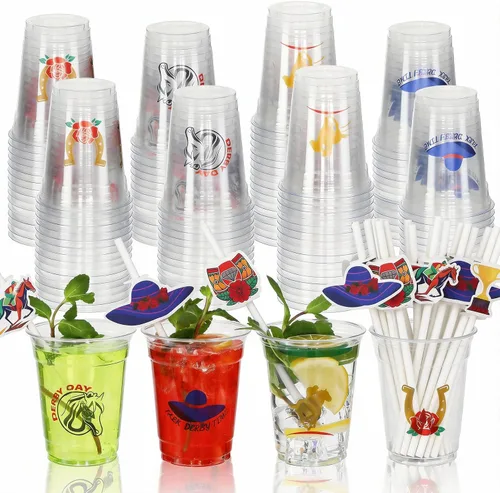 Miniatura 10 de MUOUAKATE Copas Derby desechables de plástico a granel, paquete de 100 vasos de 12 onzas Derby Clear Julep con pajitas de plástico y tarjetas