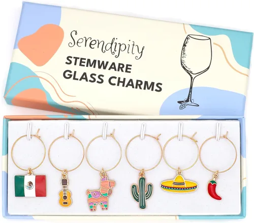 Amuletos de copa de vino de México, idea de regalo mexicana, decoración de fiesta, juego de 6 amuletos incluye: piñata, bandera mexicana, pimiento