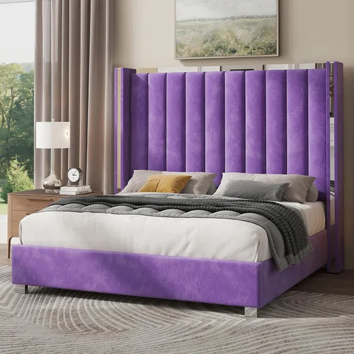 Miniatura 12 de Jocisland Base de cama tamaño Queen con cabecero de 58 pulgadas de alto, cama tapizada de terciopelo con plataforma con cabecera con alas capitoné