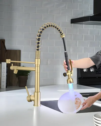 Miniatura 4 de Fapully Grifo de cocina de una sola manija con arco alto, dorado cepillado, extraíble con LED, grifos de fregadero de cocina de una sola palanca