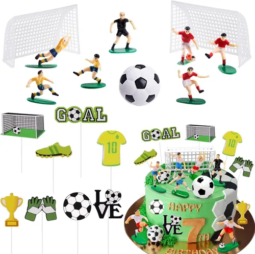 Decoración para pastel de fútbol, 18 piezas, decoración de pastel de fútbol, portería, pasteles, cupcakes, figura de jugador de fútbol para hombres 3