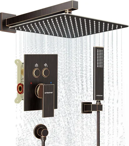 Miniatura 21 de Juegos de sistema de grifería de ducha negros: EMBATHER Juego combinado de ducha con cabezal de lluvia superior de 10 pulgadas con ducha de mano
