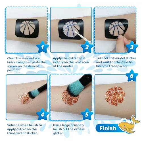 Miniatura 7 de Kit de tatuaje temporal con purpurina para niños, kit de tatuajes profesionales brillantes de 30 colores, 147 plantillas, purpurina facial