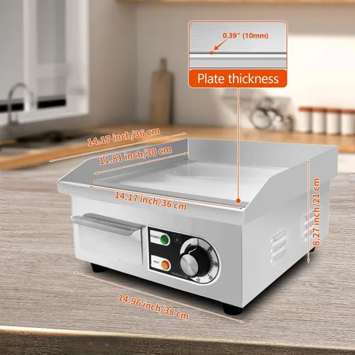 Miniatura 7 de Plancha eléctrica comercial de 14 pulgadas, plancha eléctrica de encimera plana, parrilla eléctrica superior plana de 110 V 1500 W, parrilla