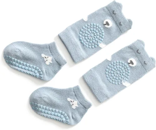 Miniatura 9 de Juego de calcetines y rodilleras para bebé, protectores de pies de algodón suave con puntos antideslizantes para aprender a caminar