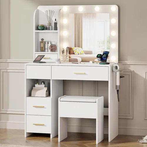 Miniatura 2 de Escritorio de Tocador con Espejo y Luces, Escritorio de Maquillaje con 3 Iluminaciones Ajustables, 3 Estantes de Almacenamiento, 5 Cajones Grandes