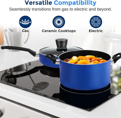 Miniatura 6 de SereneLife Juego de 20 utensilios de cocina azules con cuchillos, incluye ollas y sartenes de varios tamaños, antiadherentes con tapas y utensilios