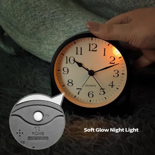 Miniatura 3 de Reloj despertador analógico, silencioso sin tictac, funciona con pilas con luz suave nocturna bajo demanda, reloj de escritorio de metal giratorio