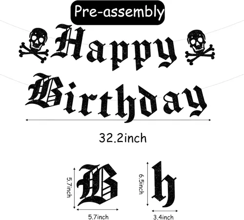 Miniatura 2 de Cartel gótico de feliz cumpleaños, guirnalda de calavera inglesa antigua con purpurina negra, divertida pancarta de cumpleaños funerario para fiesta