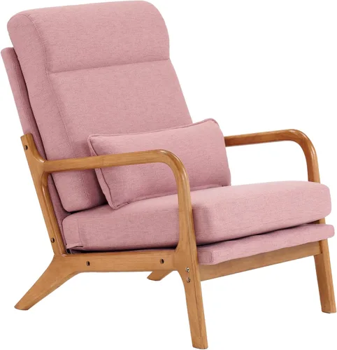Miniatura 15 de SSLine Sillón tapizado moderno de tela de lino suave con almohada y marco de madera de roble, cómodo sofá individual con respaldo alto, silla