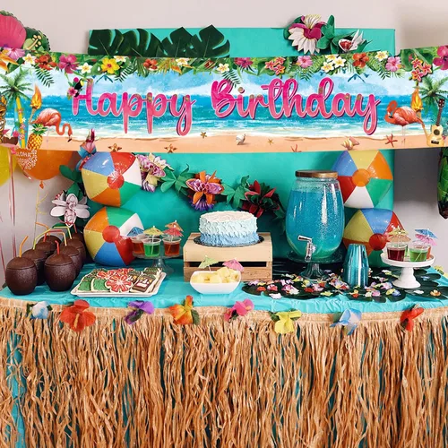 Miniatura 4 de Hawaiian Luau - Cartel de decoración de fiesta de cumpleaños, suministros de letrero de cumpleaños de flamenco tropical Aloha, fondo de fiesta Luau