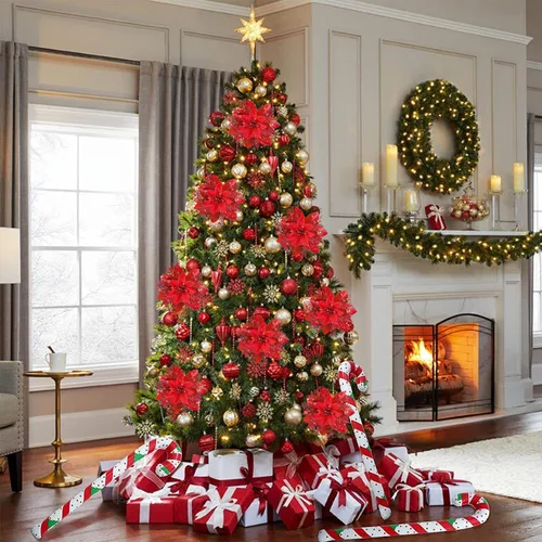 Miniatura 6 de 18 flores de Pascua de Navidad con purpurina, decoraciones de nochebuena roja para adornos de árbol de Navidad