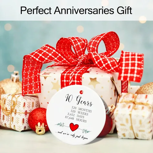 Miniatura 7 de Adorno de aniversario de 10 años para pareja, novia, novio, regalos de boda para 10 aniversario, recuerdo de cerámica 10 ° boda adornos de Navidad