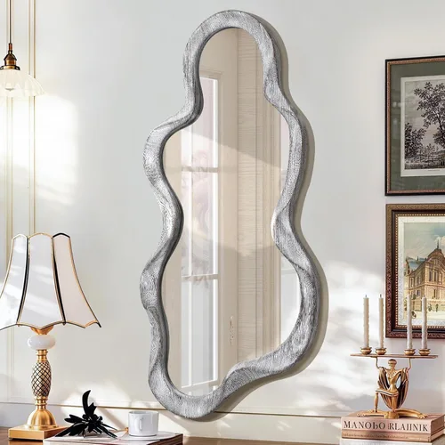 Miniatura 13 de Espejo asimétrico para decoración de pared, grande, moderno, ondulado, con marco de madera, espejo de pared con forma única montado en pared
