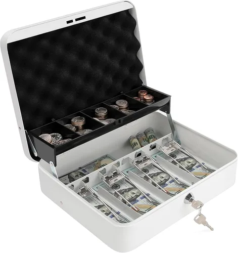 Miniatura 16 de Caja de efectivo con bandeja de dinero y cerradura, caja de dinero segura para efectivo, caja de bloqueo de metal con combinación, organizador