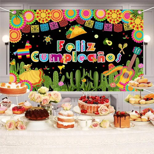 Miniatura 4 de Avezano Feliz Cumpleaños Fondo de Fiesta Mexicana Fiesta Fotografía Fondo Fiesta Cactus México Cinco De Mayo Carnaval Banner 70.8 x 43.3 pulgadas