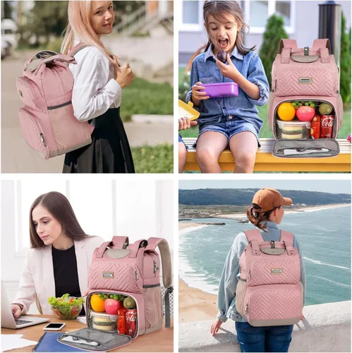 Miniatura 7 de Lonchera-Mochila para mujeres, mochilas con aislamiento térmico con bolsillo RFID, resistente al agua, mochila con puerto USB, portátil de 15,6