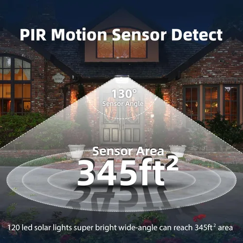 Miniatura 6 de HMCITY 120 luces LED solares para exteriores con sensor de movimiento y 3 modos de iluminación, IP65 impermeables, luces solares de pared anchas