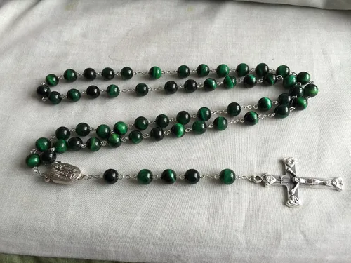 Miniatura 5 de elegantmedical HECHO A MANO 10MM verde Tiger Eye Bead Rosario CROSS collar católico Lourdes Medalla de agua