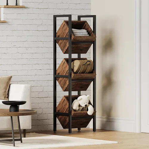 Miniatura 6 de LITTLE TREE Soporte de Cesta de 3 Niveles, Unidad de Estantería de Pie de Madera, Organizador de Almacenamiento Rústico de Pie para Cocina, Baño
