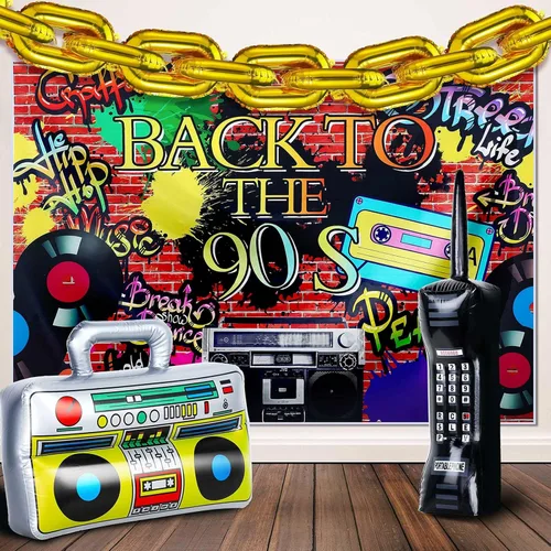 27 piezas de decoraciones de fiesta temática de discoteca de los años 80 y 90, incluye radio, fondo inflable Boombox, teléfono móvil inflable y