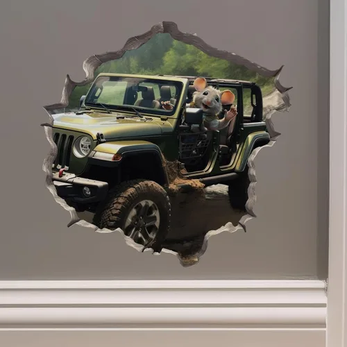 My Wonderful Walls Jeep Wrangler Mouse in Mouse Hole - Adhesivo de pared 3D de vinilo verde con diseño de dibujos animados para paredes, vidrio,