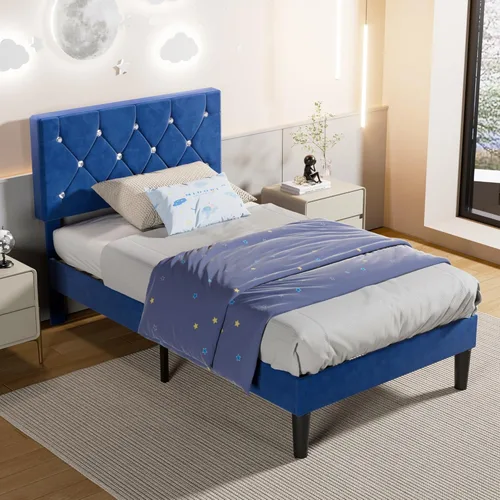 Miniatura 3 de VECELO Base de cama de tamaño individual, plataforma tapizada con cabecera ajustable de diamante, soporte de listones de madera, no necesita somier
