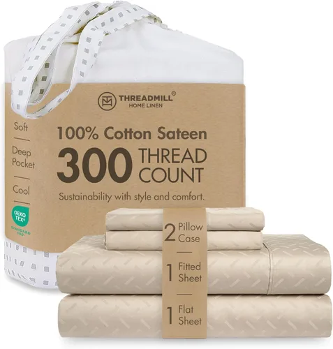 Threadmill Sábanas 100% Algodón para Cama Tamaño King | Juego de Sábanas de 4 Piezas para Cama King | Suave, Transpirable y Ligero Satén de Damasco