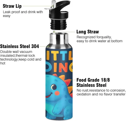 Miniatura 3 de Cute Dinosaur Blue Insulated Stainless Steel Water Bottle with Straw 32 Oz Leakproof Water Bottles, BPA-Free Sport Water Bottle Insulated