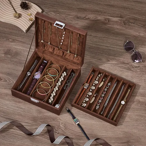 Miniatura 2 de BEWISHOME Caja organizadora de collares, organizador de almacenamiento para cadenas, pulseras, 12 compartimentos (7 regulares + 5 grandes), 6