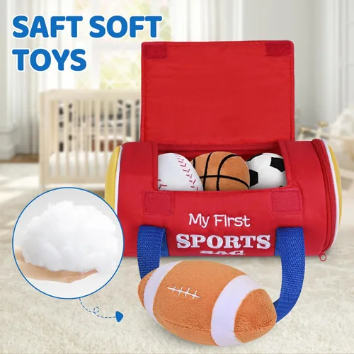 Miniatura 4 de KMUYSL Juguetes para bebés de 0 a 12 meses, mi primer bolso deportivo de peluche - 4 bolas sensoriales de juguetes suaves con crujido, sonajeros