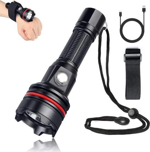 Linterna submarina 14S de 2000 lúmenes con correas de gancho y bucle, 6 modos de linterna de buceo súper brillante, USB-C recargable, IP68 328 pies