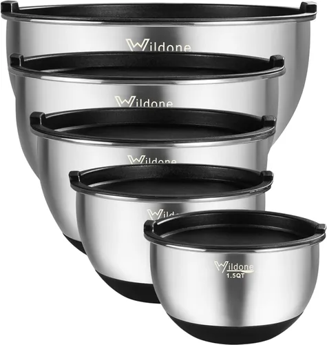 Wildone Cuencos para mezclar con tapas herméticas, juego de 5 cuencos de mezcla de acero inoxidable, con fondo de silicona antideslizante, tamaño 8,