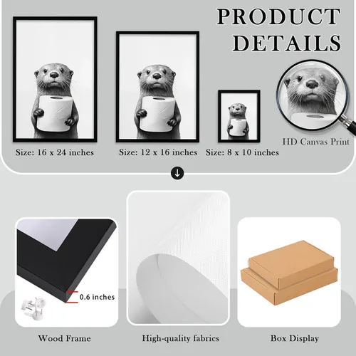 Miniatura 7 de Lienzo enmarcado en blanco y negro para el baño, divertida decoración de baño de animales, linda nutria sosteniendo un rollo de papel higiénico