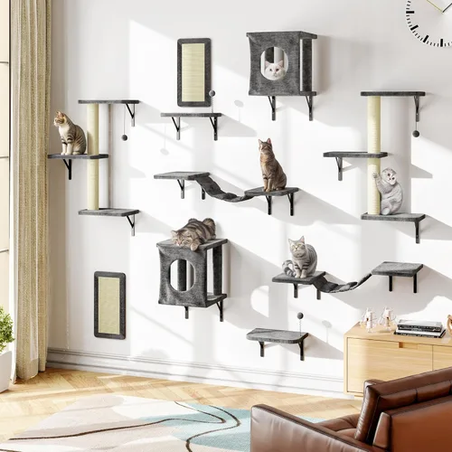 Miniatura 18 de NUNU LAB Juego de muebles para gatos montados en la pared, juego de 6 piezas para escalar con casa, puente, escalones, tabla rascadora - Paredes