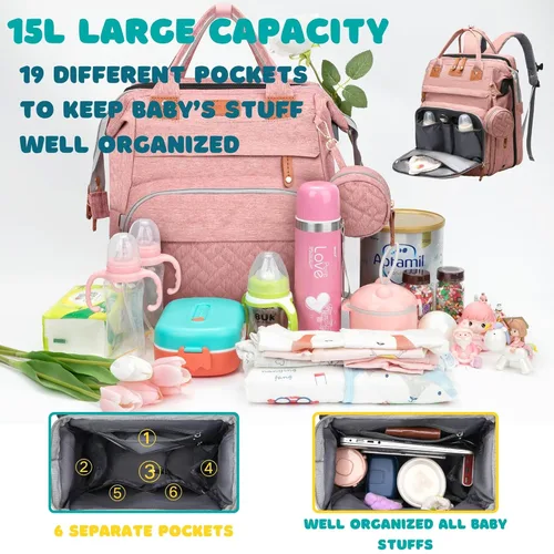 Miniatura 2 de Bolsa de pañales, artículos esenciales para bebés, mochila multifuncional de gran capacidad, el mejor regalo para recién nacidos con estación de Rosa