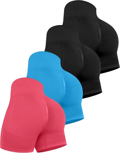 Miniatura 9 de CHRLEISURE Pantalones Cortos de Entrenamiento para Mujer, 4 Paquetes, Cintura Alta, Levantamiento de Glúteos con Fruncido, Pantalones Cortos Booty