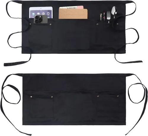 Miniatura 13 de Delantal de servidor con 5 bolsillos, hebilla de remache, unisex, corto y medio camarero, delantal corto
