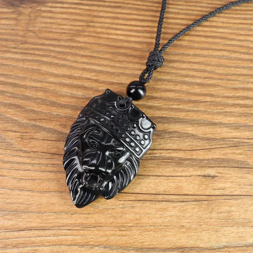 Miniatura 4 de COAI Collar con colgante de piedra de obsidiana Rey León coronado