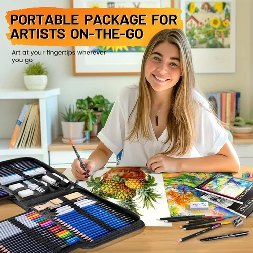 Miniatura 4 de Kit de bocetos de 106 piezas de suministros de arte, lápices de dibujo profesional con cuaderno de bocetos de 3 colores, libro para colorear, Negro