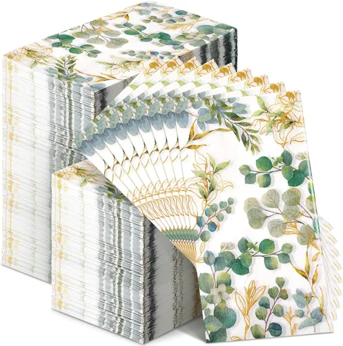 Miniatura 8 de Spiareal 120 servilletas de papel verde de 3 capas desechables para baño, hojas de eucalipto verde, servilletas decorativas para cena, para novia