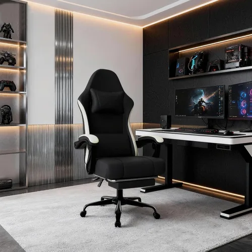 Miniatura 2 de Silla para juegos con respaldo alto de tela para computadora con cojín de resorte con bolsillos y reposapiés, silla de juego de altura ajustable