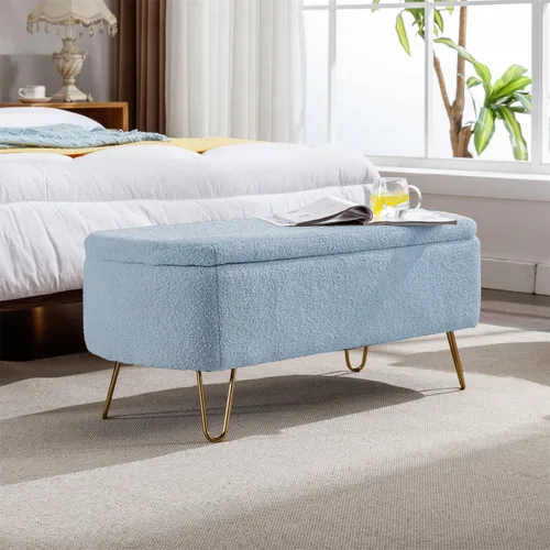 Polibi Banco de almacenamiento, banco otomano de piel sintética con patas doradas, acolchado tapizado con almacenamiento para lado de la cama, Azul