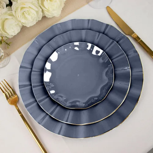 Miniatura 83 de Tableclothsfactory Paquete de 10 platos redondos de plástico negro de 6 pulgadas para ensalada de postre, platos desechables con borde ondulado