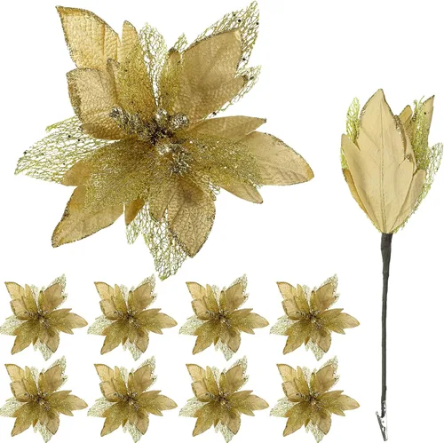 Riceshoot Poinsettia artificial con clips, adornos de Navidad de flor de pascua con purpurina, decoración de flores con tallo de corona de Navidad y
